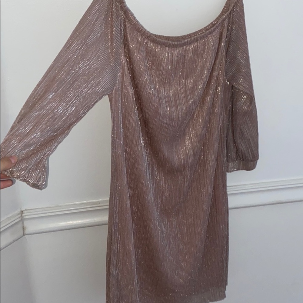 Sparkly rose gold off-the-shoulder dress